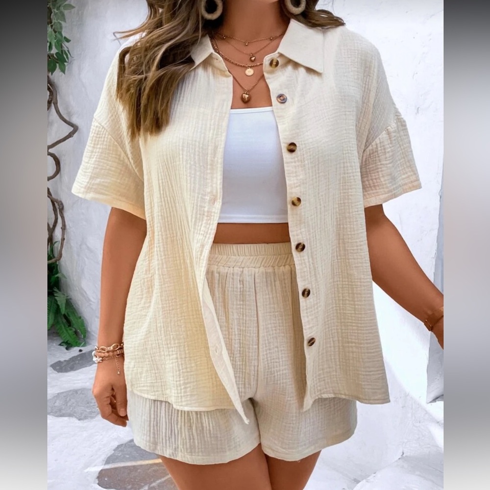Cream Two Piece Set Relaxed Button Up Shirt and Shorts